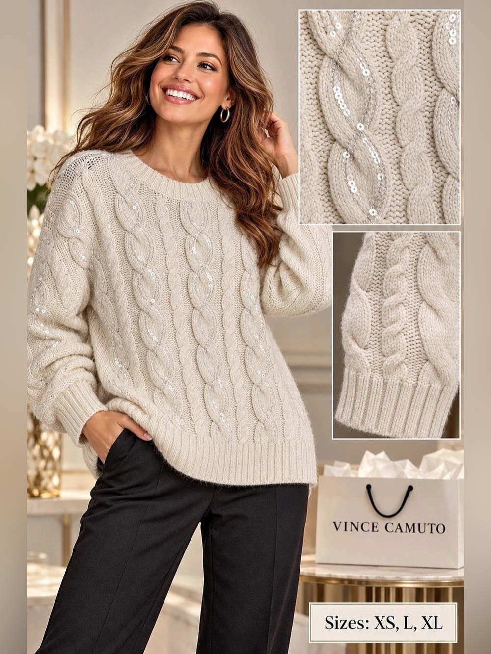Vince Camuto Sequin Cable Long Sleeve Crew Neck Sweater Cream